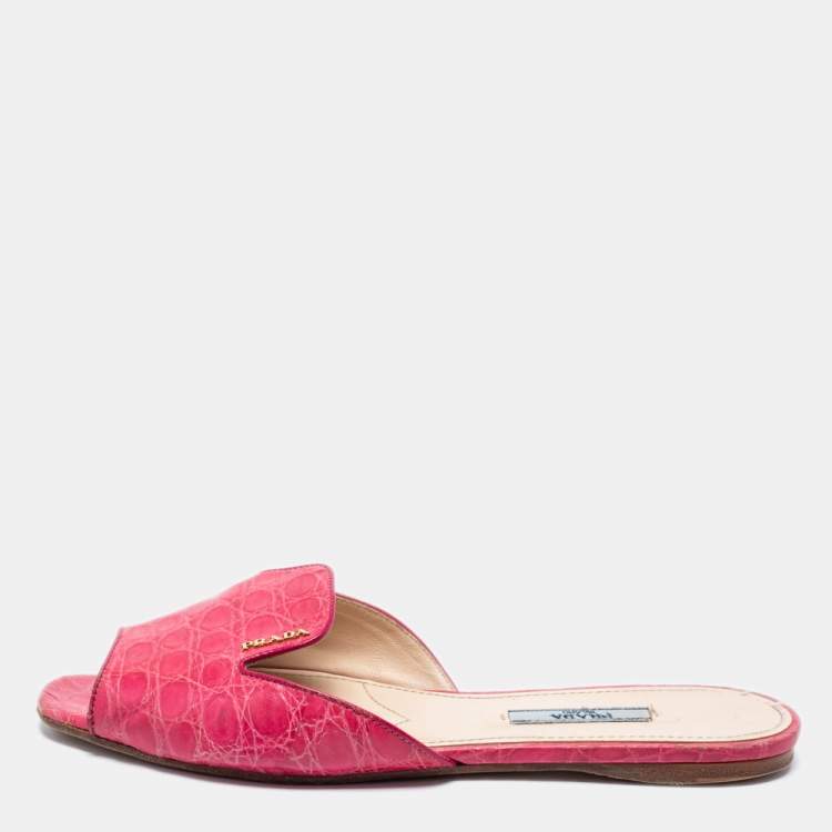 Prada Pink Croc Embossed Leather Flat Slide Sandals Size  Prada | TLC