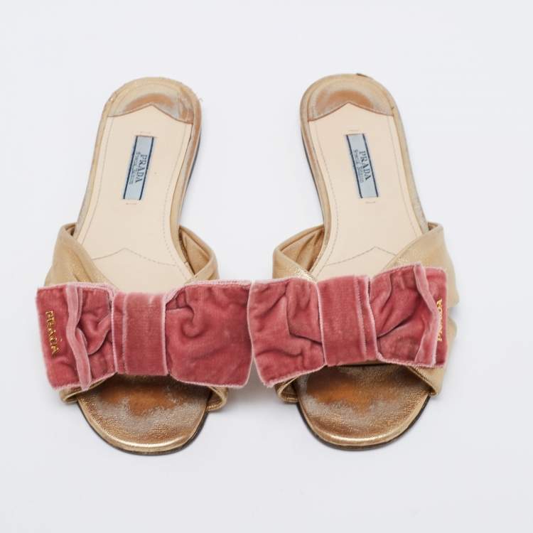 Pre Owned Prada Metallic Gold Leather and Velvet Bow Open Toe Flat Sandals Size 37