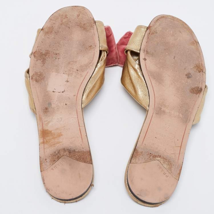 Pre Owned Prada Metallic Gold Leather and Velvet Bow Open Toe Flat Sandals Size 37