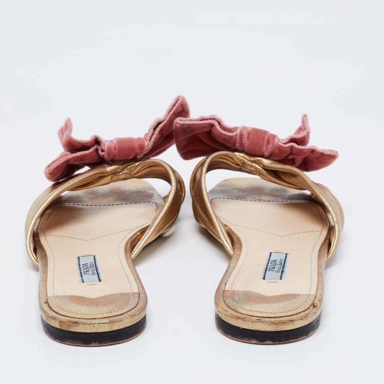 Pre Owned Prada Metallic Gold Leather and Velvet Bow Open Toe Flat Sandals Size 37
