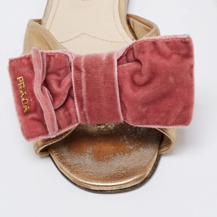 Pre Owned Prada Metallic Gold Leather and Velvet Bow Open Toe Flat Sandals Size 37