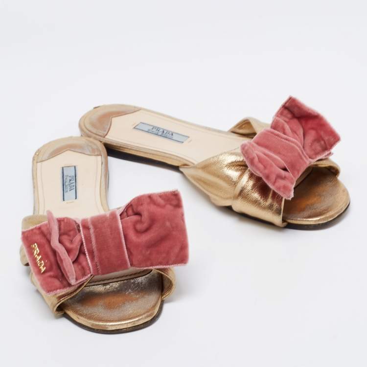 Pre Owned Prada Metallic Gold Leather and Velvet Bow Open Toe Flat Sandals Size 37