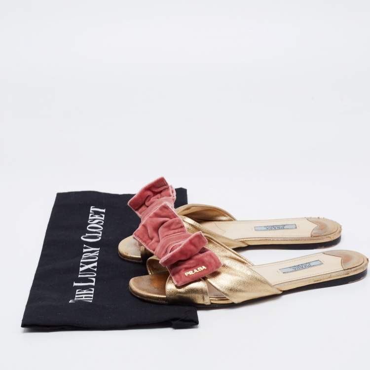 Pre Owned Prada Metallic Gold Leather and Velvet Bow Open Toe Flat Sandals Size 37