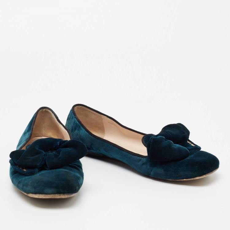 Pre Owned Prada Navy Blue Velvet Bows Ballet Flats  Size 39