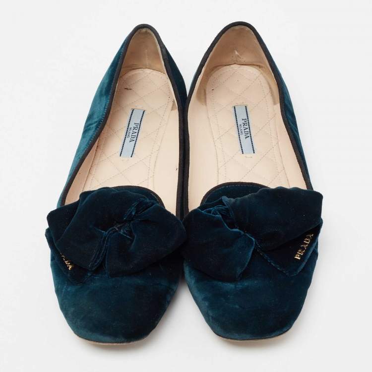 Pre Owned Prada Navy Blue Velvet Bows Ballet Flats  Size 39