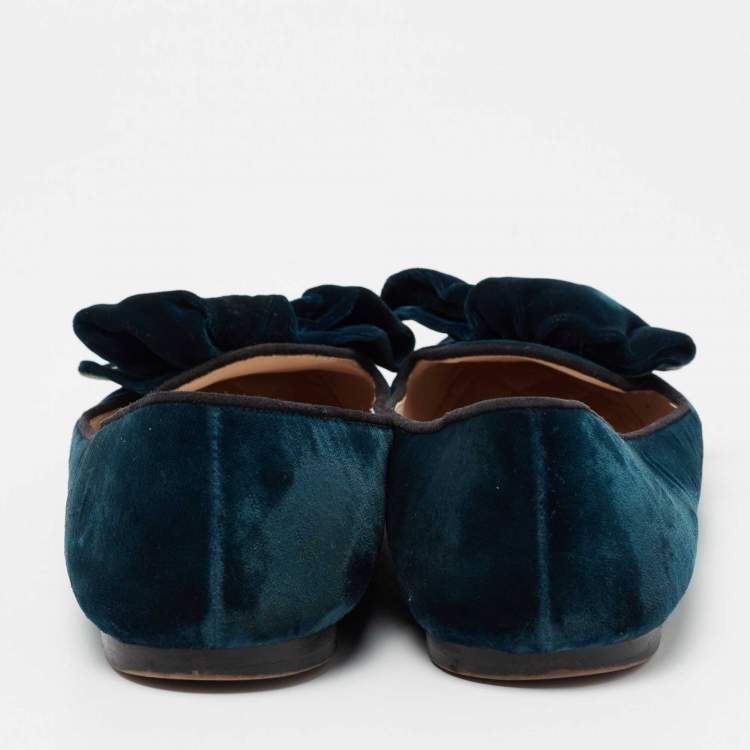 Pre Owned Prada Navy Blue Velvet Bows Ballet Flats  Size 39
