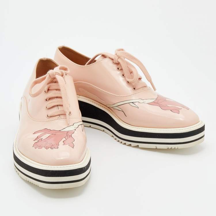 Pre Owned Prada Pink Leather Flower Print Platform Lace Up Oxford Size 38.5