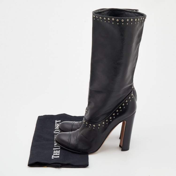 Pre Owned Prada Black Leather Studded Mid-Calf Length Boots Size 38.5