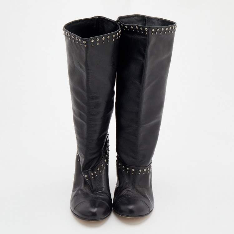 Pre Owned Prada Black Leather Studded Mid-Calf Length Boots Size 38.5