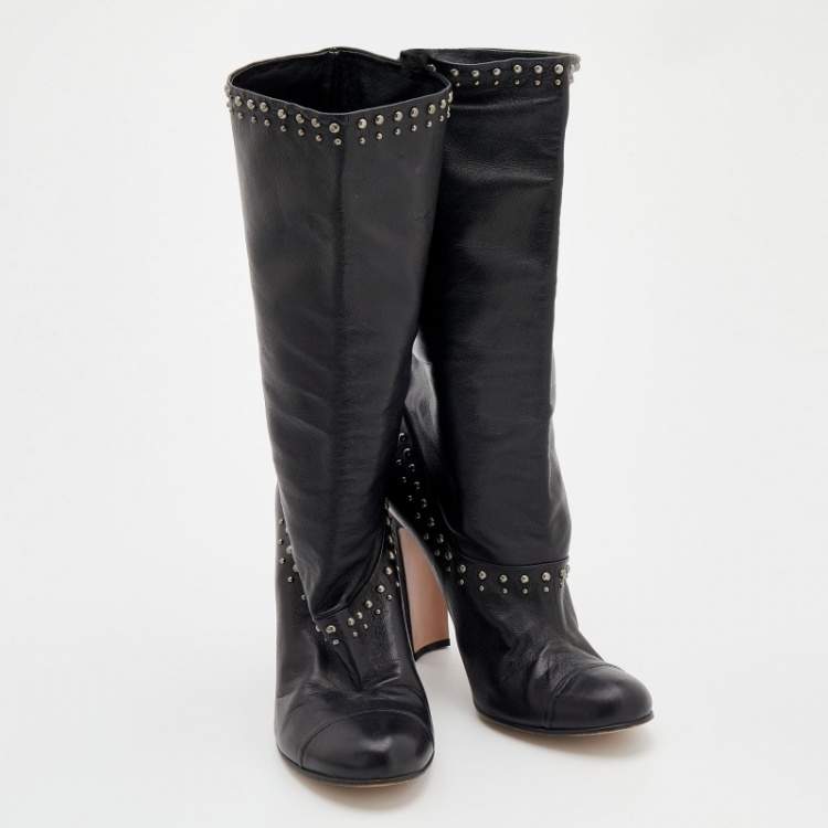 Pre Owned Prada Black Leather Studded Mid-Calf Length Boots Size 38.5