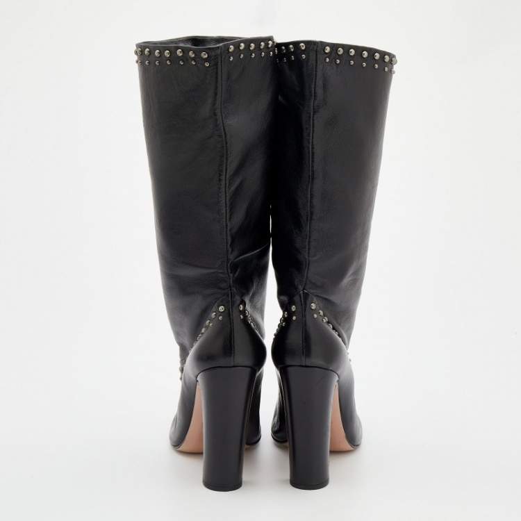Pre Owned Prada Black Leather Studded Mid-Calf Length Boots Size 38.5