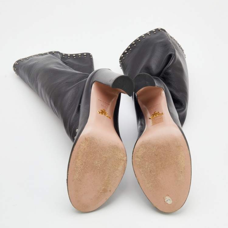 Pre Owned Prada Black Leather Studded Mid-Calf Length Boots Size 38.5