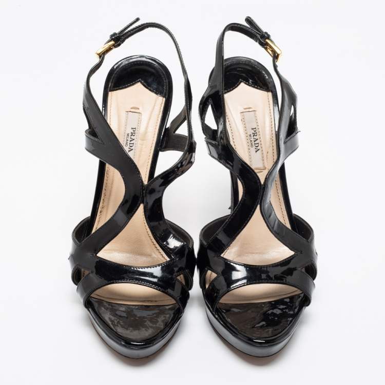 Pre Owned Prada Black Patent Leather Platform Strappy Sandals Size 39