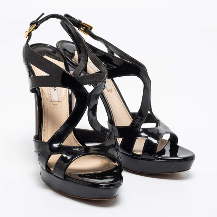 Pre Owned Prada Black Patent Leather Platform Strappy Sandals Size 39