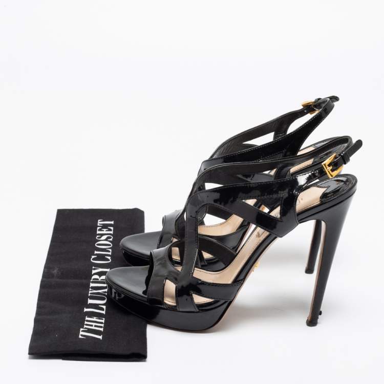 Pre Owned Prada Black Patent Leather Platform Strappy Sandals Size 39