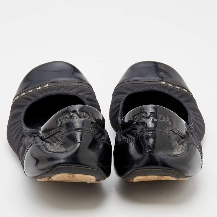Pre Owned Prada Sport Black Nylon And Patent Leather Scrunch Flats Size 36