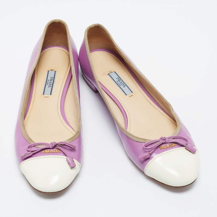 Pre Owned Prada Purple/White Saffiano Patent Leather Bow Cap Toe Ballet Flats Size 38