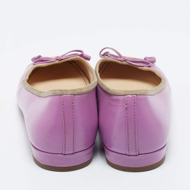 Pre Owned Prada Purple/White Saffiano Patent Leather Bow Cap Toe Ballet Flats Size 38