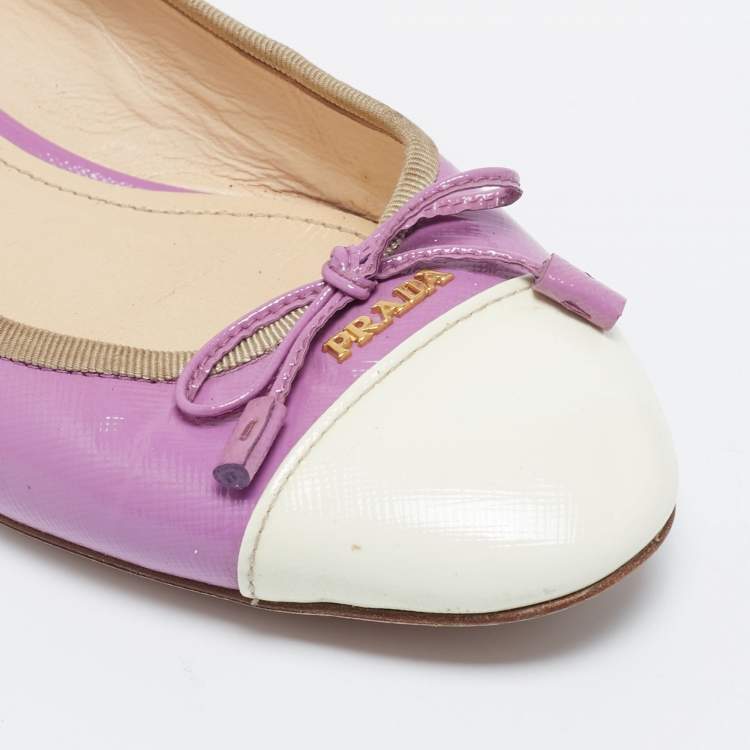 Pre Owned Prada Purple/White Saffiano Patent Leather Bow Cap Toe Ballet Flats Size 38