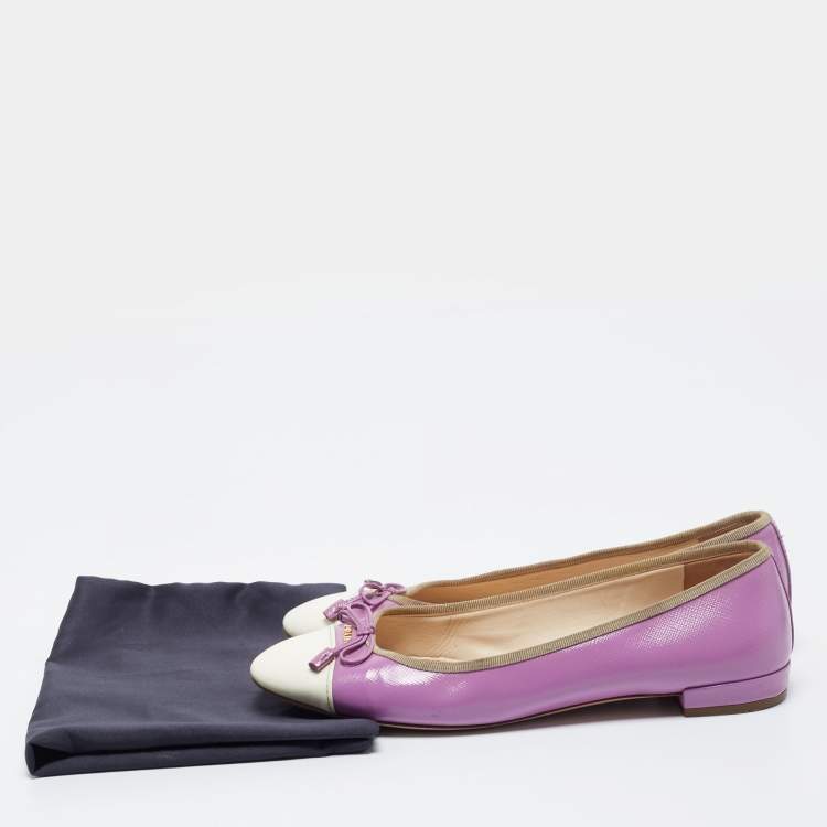 Pre Owned Prada Purple/White Saffiano Patent Leather Bow Cap Toe Ballet Flats Size 38