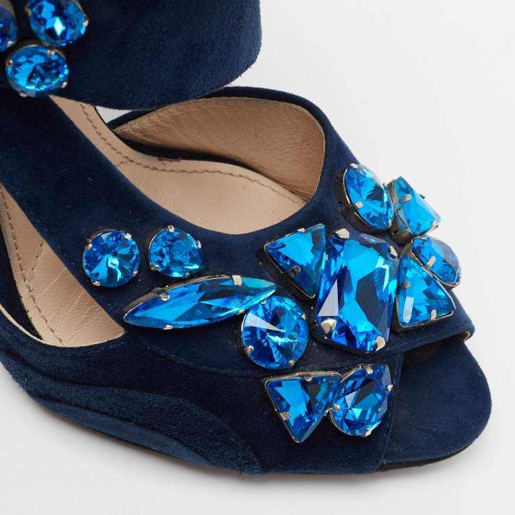 Pre Owned Prada Blue Suede Crystal Embellished Ankle Strap Sandals Size 38