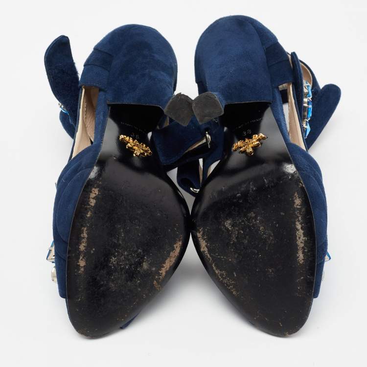 Pre Owned Prada Blue Suede Crystal Embellished Ankle Strap Sandals Size 38