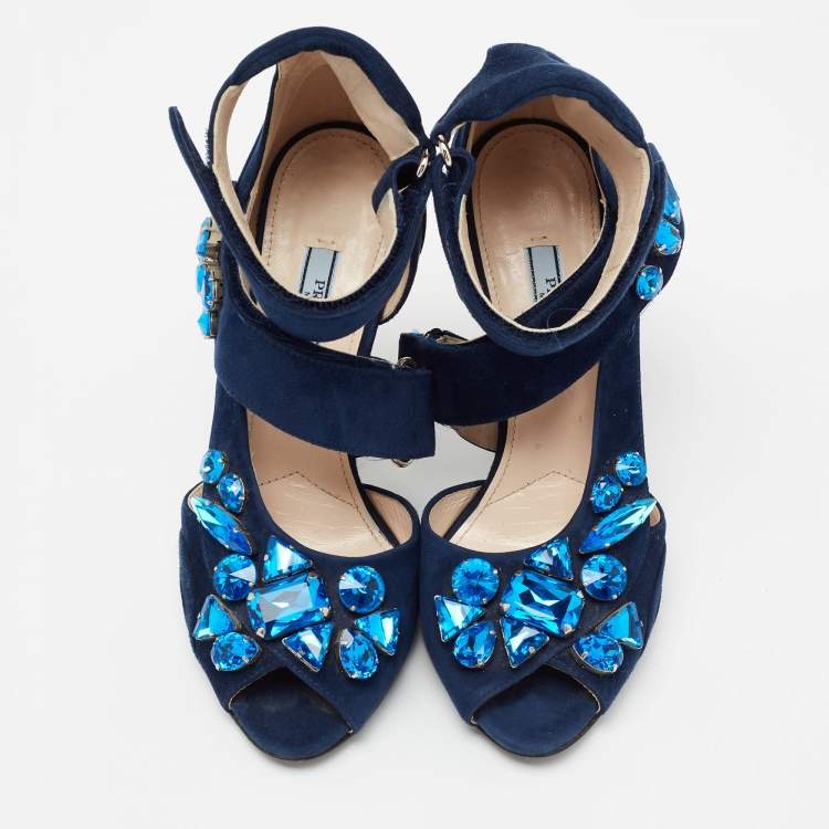 Pre Owned Prada Blue Suede Crystal Embellished Ankle Strap Sandals Size 38