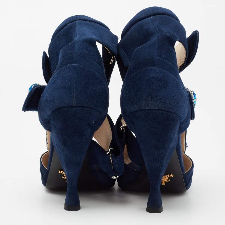 Pre Owned Prada Blue Suede Crystal Embellished Ankle Strap Sandals Size 38