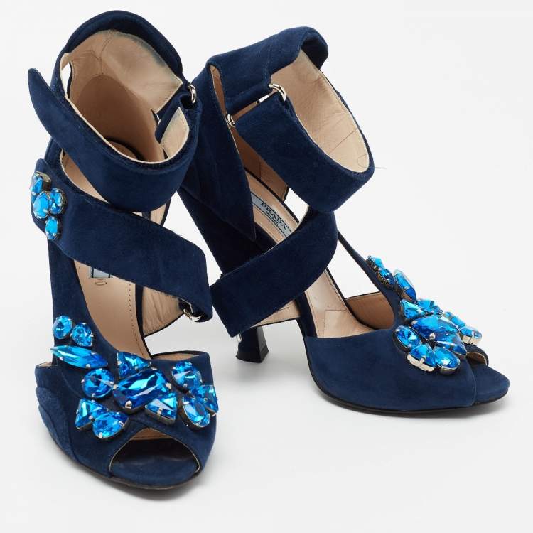 Pre Owned Prada Blue Suede Crystal Embellished Ankle Strap Sandals Size 38