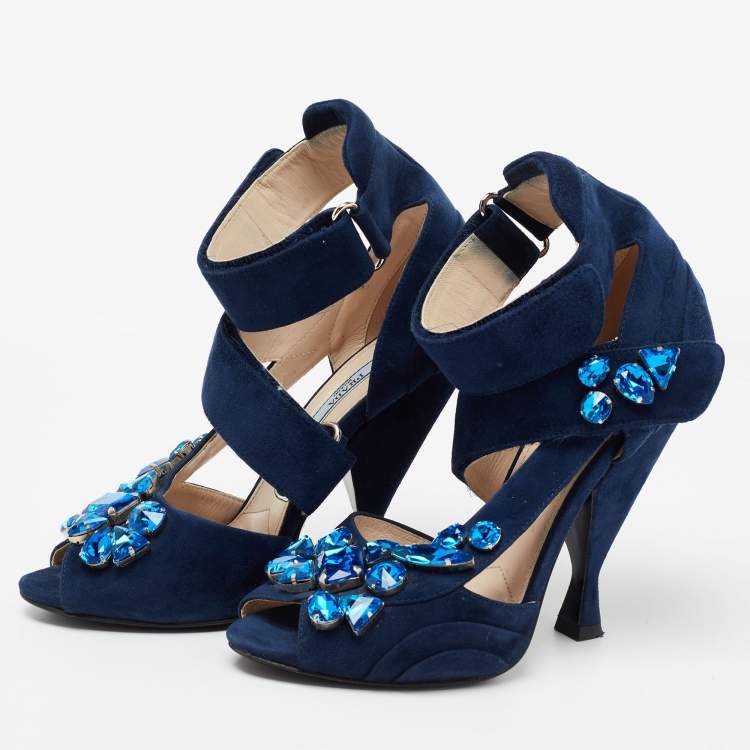 Pre Owned Prada Blue Suede Crystal Embellished Ankle Strap Sandals Size 38