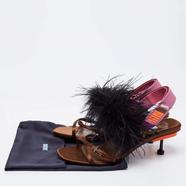 Pre Owned Prada Multicolor Satin and Feather Trim Slingback Sandals Size 39