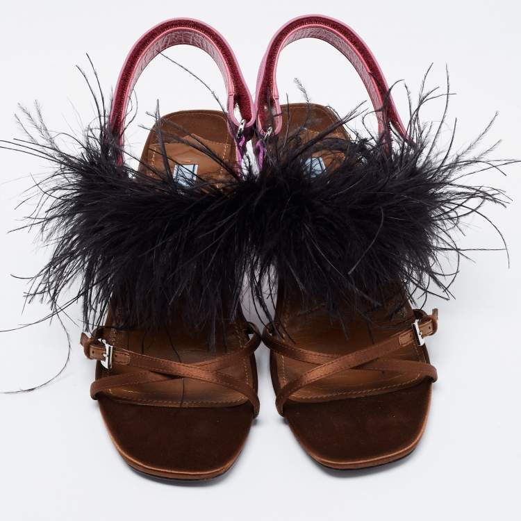 Pre Owned Prada Multicolor Satin and Feather Trim Slingback Sandals Size 39