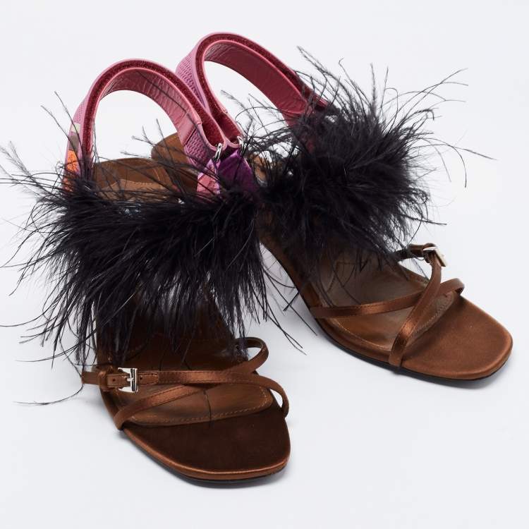 Pre Owned Prada Multicolor Satin and Feather Trim Slingback Sandals Size 39