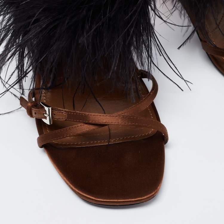 Pre Owned Prada Multicolor Satin and Feather Trim Slingback Sandals Size 39