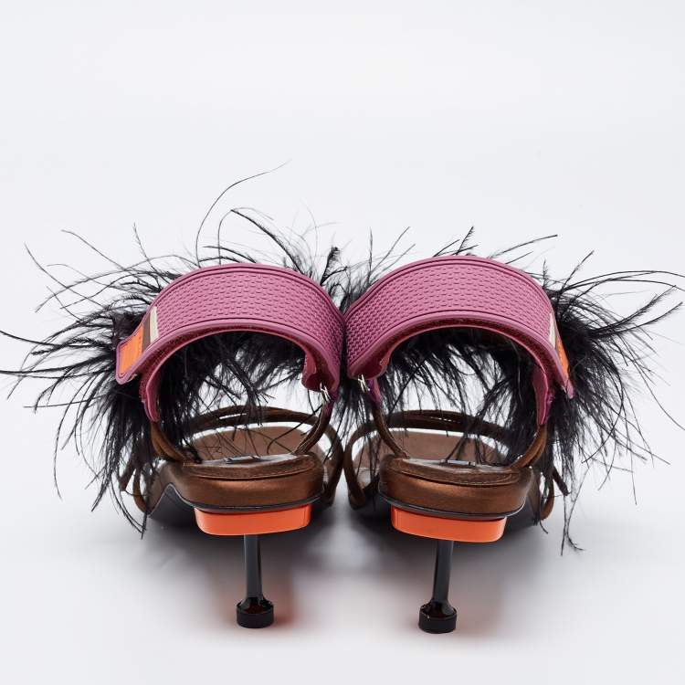 Pre Owned Prada Multicolor Satin and Feather Trim Slingback Sandals Size 39