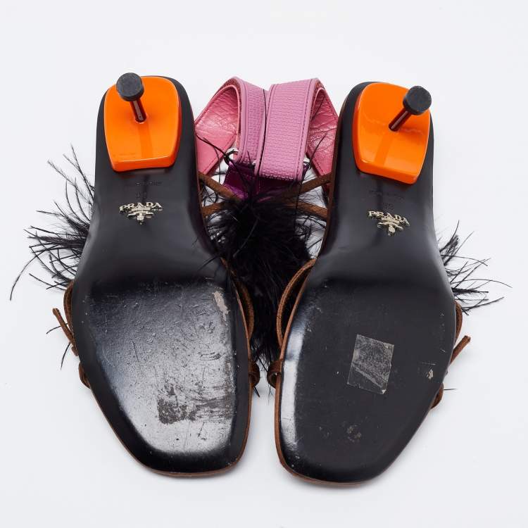 Pre Owned Prada Multicolor Satin and Feather Trim Slingback Sandals Size 39
