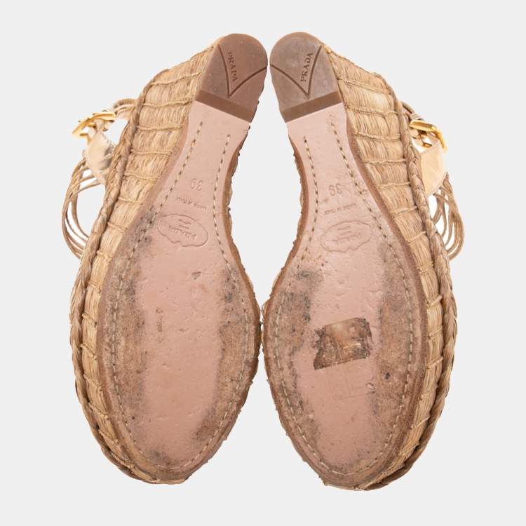 Pre Owned Prada Metallic Gold Leather Raffia Platform Wedge Sandals Size 39