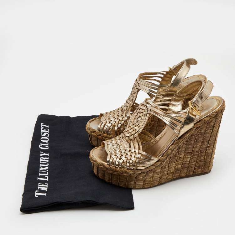Pre Owned Prada Metallic Gold Leather Raffia Platform Wedge Sandals Size 39
