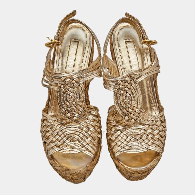 Pre Owned Prada Metallic Gold Leather Raffia Platform Wedge Sandals Size 39