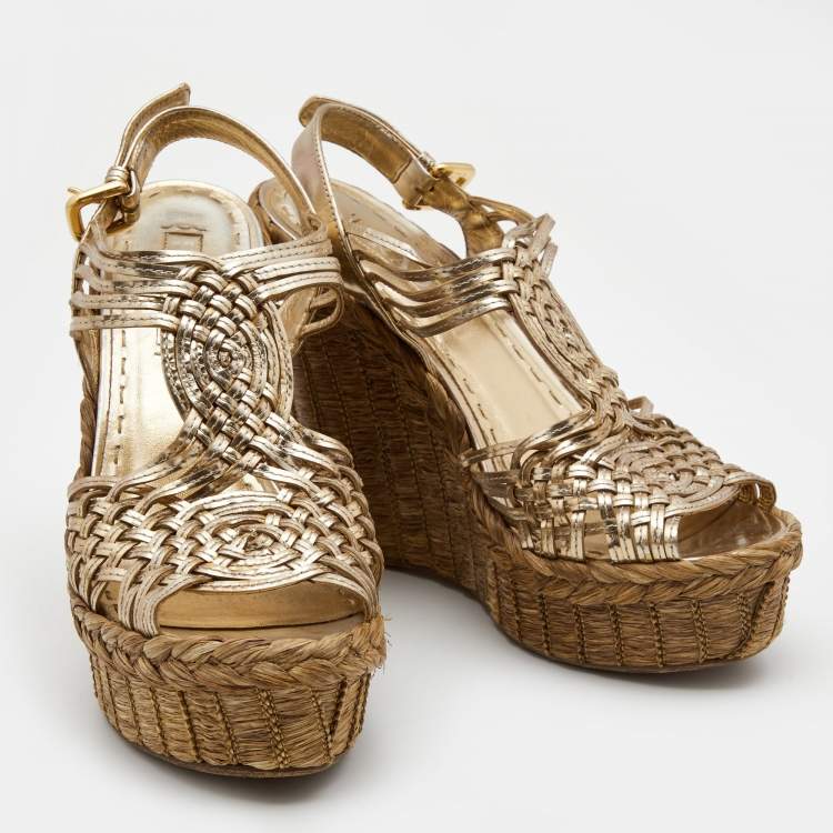 Pre Owned Prada Metallic Gold Leather Raffia Platform Wedge Sandals Size 39