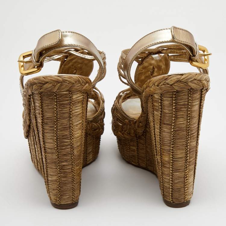 Pre Owned Prada Metallic Gold Leather Raffia Platform Wedge Sandals Size 39