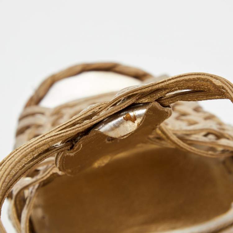 Pre Owned Prada Metallic Gold Leather Raffia Platform Wedge Sandals Size 39