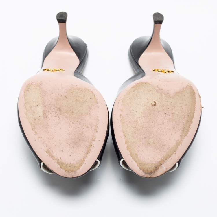 Pre Owned Prada Black Saffiano Patent Leather Peep Toe Mules Size 38.5