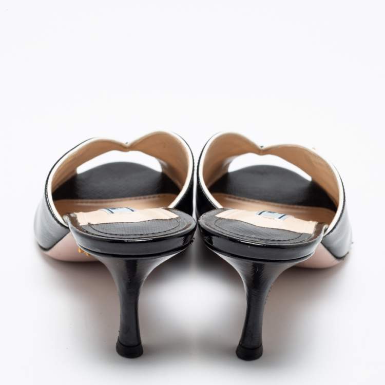 Pre Owned Prada Black Saffiano Patent Leather Peep Toe Mules Size 38.5