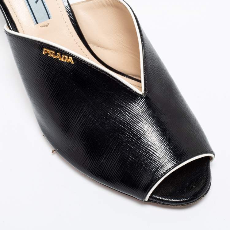 Pre Owned Prada Black Saffiano Patent Leather Peep Toe Mules Size 38.5