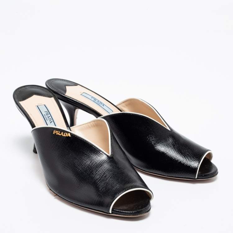 Pre Owned Prada Black Saffiano Patent Leather Peep Toe Mules Size 38.5