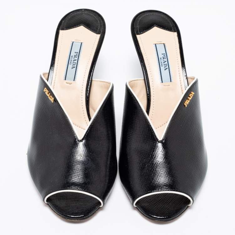 Pre Owned Prada Black Saffiano Patent Leather Peep Toe Mules Size 38.5