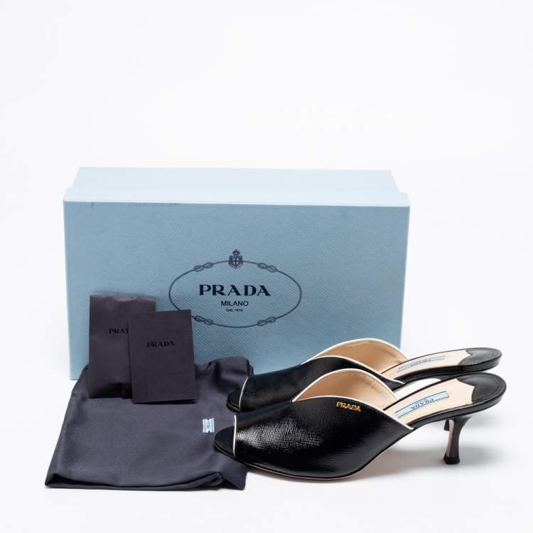 Pre Owned Prada Black Saffiano Patent Leather Peep Toe Mules Size 38.5