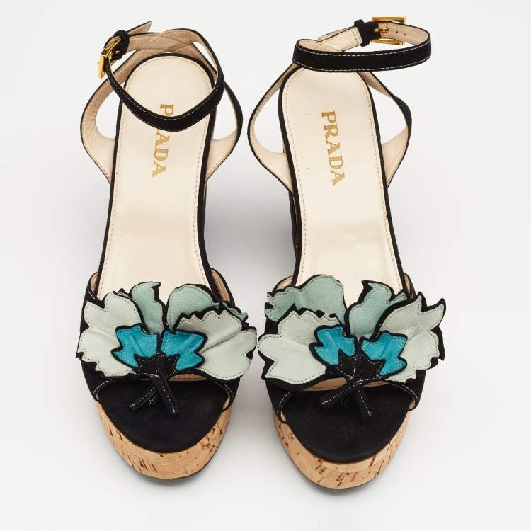 Pre Owned Prada Multicolor Suede Flower Applique Ankle Strap Platform Sandals Size 37.5
