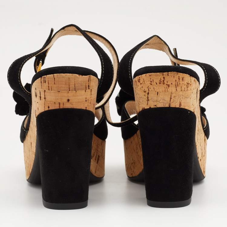 Pre Owned Prada Multicolor Suede Flower Applique Ankle Strap Platform Sandals Size 37.5